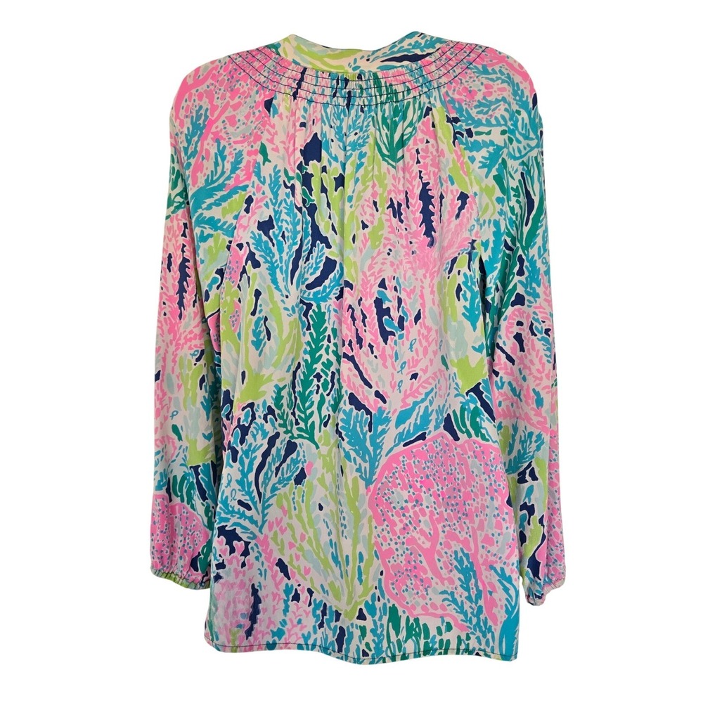 Lilly Pulitzer Pink Blue Coral Print Silk Blouse Sz S Resort Preppy Coastal Chic - Picture 5 of 10